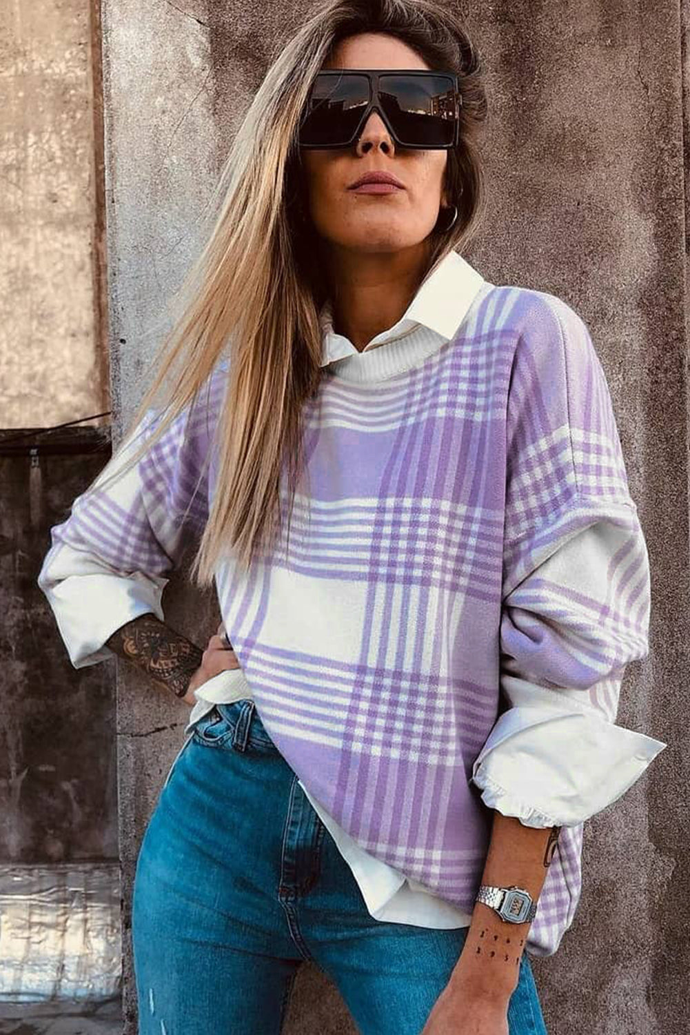 Lilac Plaid Print Ribbed Trim Loose Sweater eAura