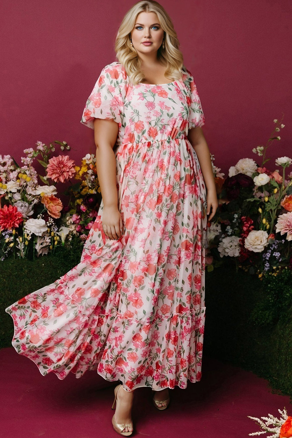 Pink Plus Size Floral Square Neck Puff Sleeve Ruffle Maxi Dress BB Fashion Outlet