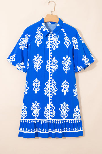Blue Geometric Print Collared Button Front Short Puff Sleeve Mini Dress
