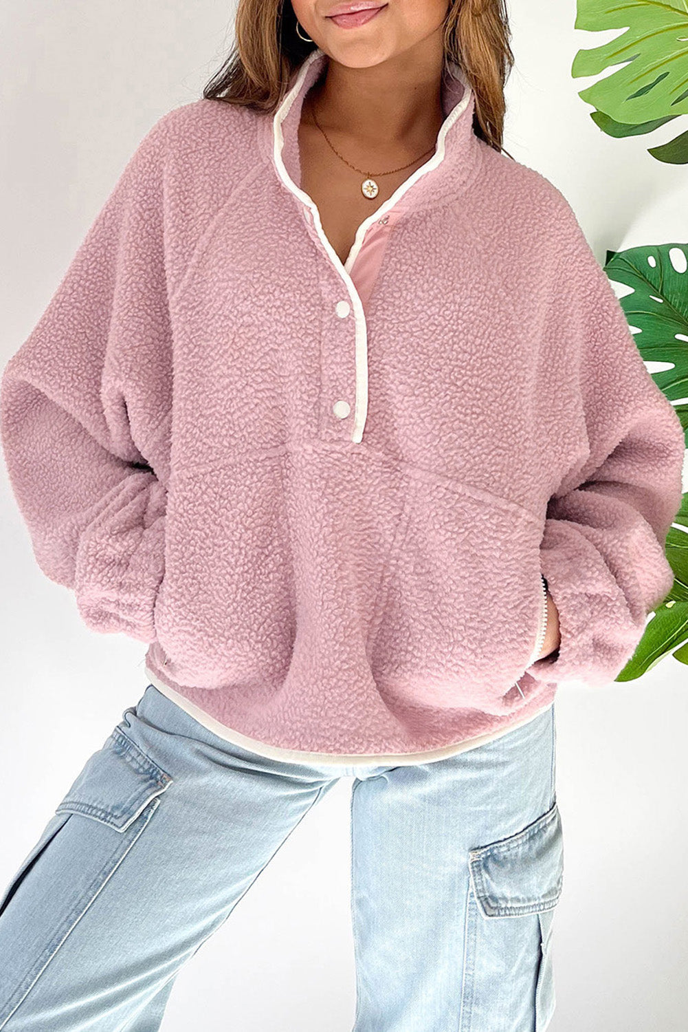 Fushia Stand Neck Half Button Zip Pocket Plush Sweatshirt eAura