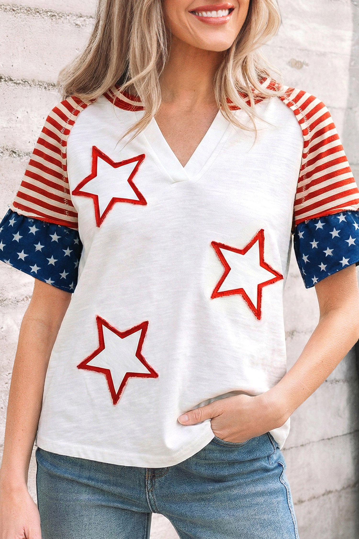 Star Detail Flag Inspired Short Sleeve Top – Fiery Red