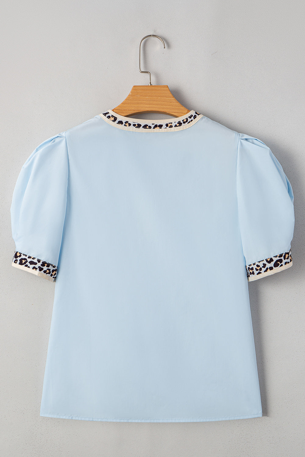 Beau Blue Contrast Leopard Trim Split Neck Puff Sleeve Blouse eAura