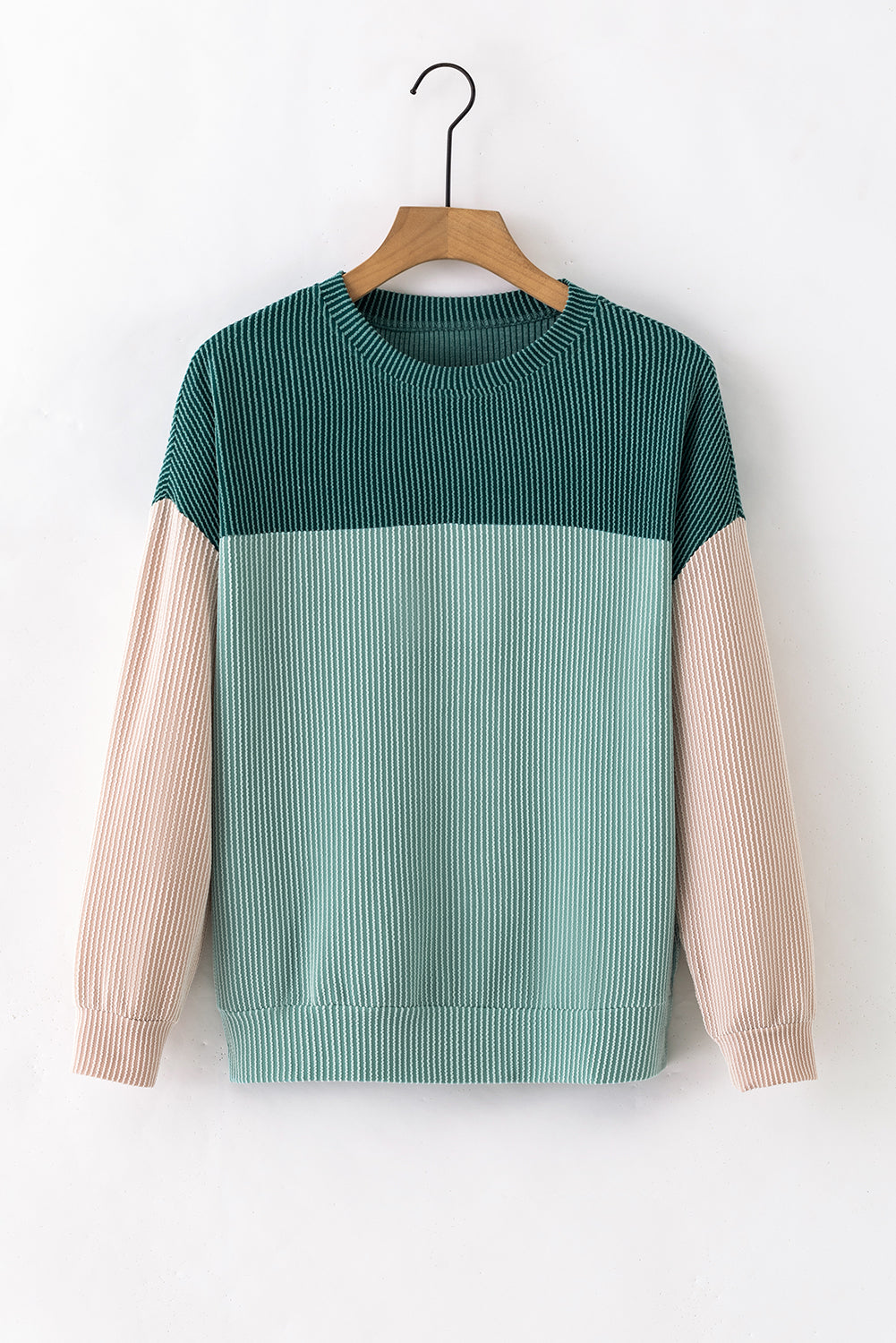Khaki Colour Block Long Sleeve Ribbed Loose Top eAura