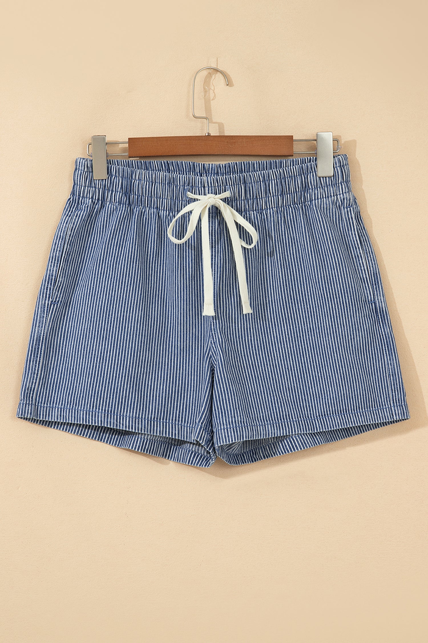 Drawstring Elastic Waist Casual Denim Shorts – Sky Blue Stripe