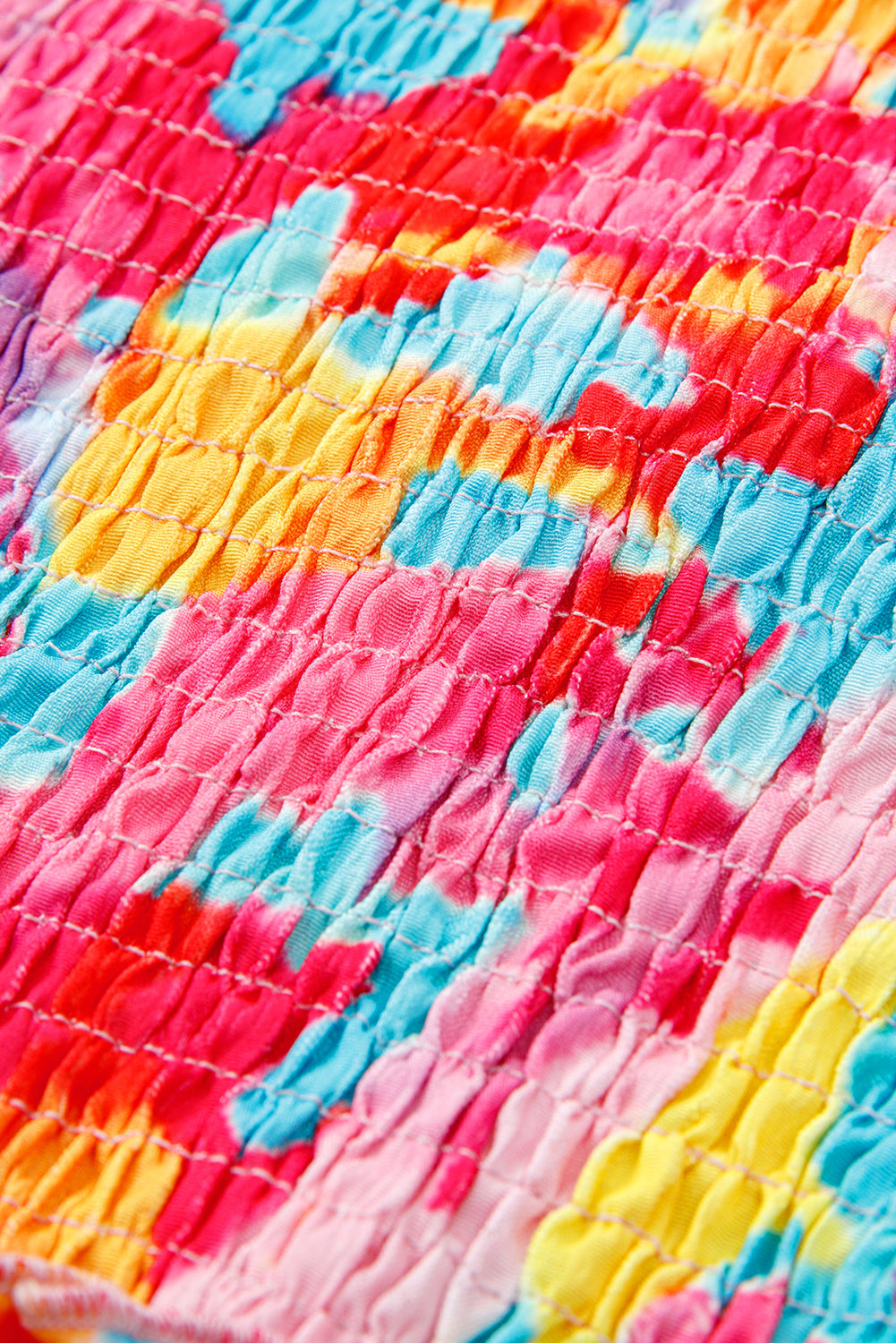 Abstract Print Puff Sleeve Square Neck Smocked Bust Tied Back Dress - eAura