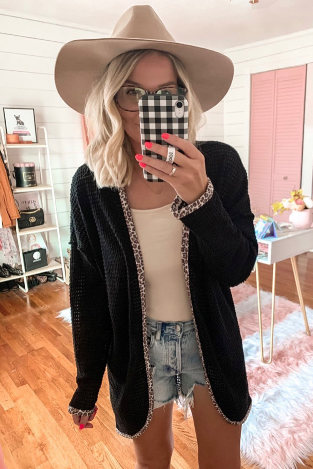 Black Leopard Contrast Waffle Knit Open Front Cardigan eAura