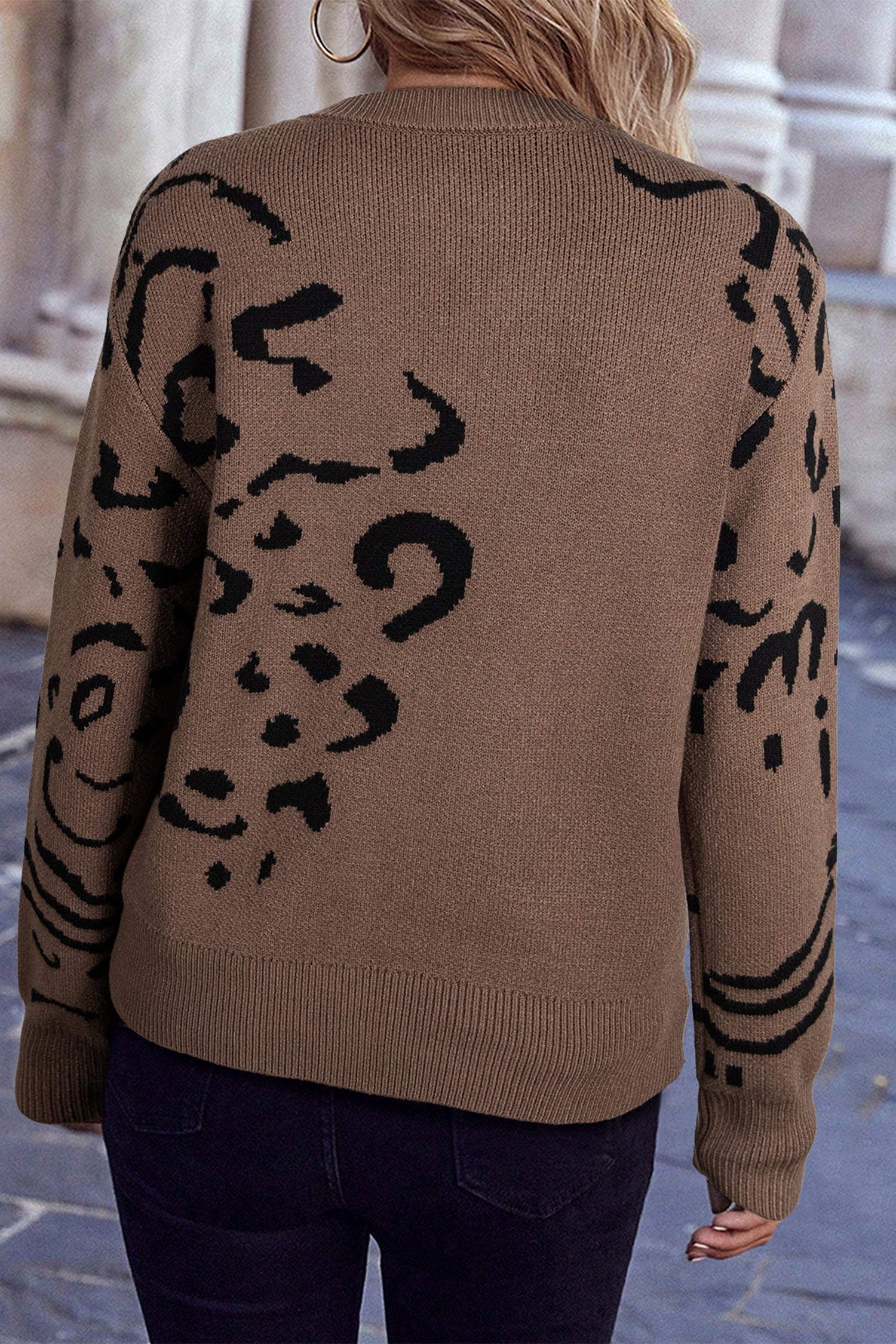 Asymmetric Leopard Print Detail Drop Shoulder Sweater - Sweaters & Cardigans/Sweaters