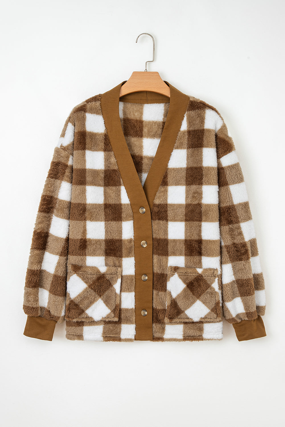 Checkered Sherpa Oversized Cardigan with Pockets - eAura