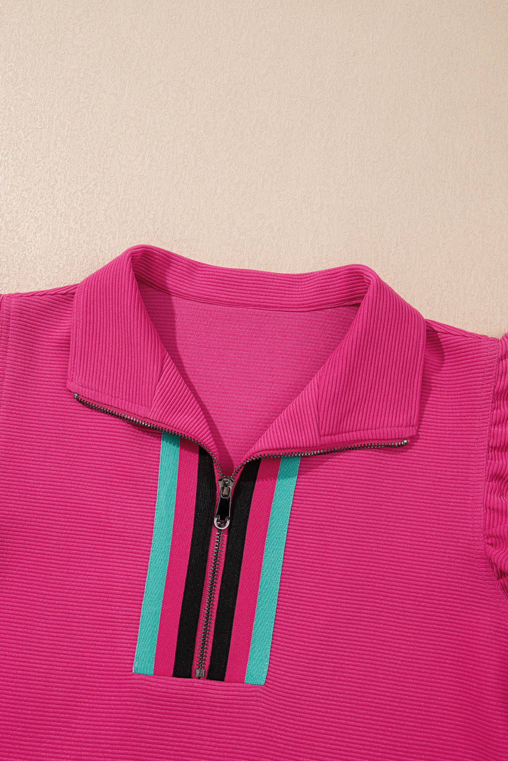 Strawberry Pink Striped Detail Flutter Sleeve Zipped Collar Short Set eAura