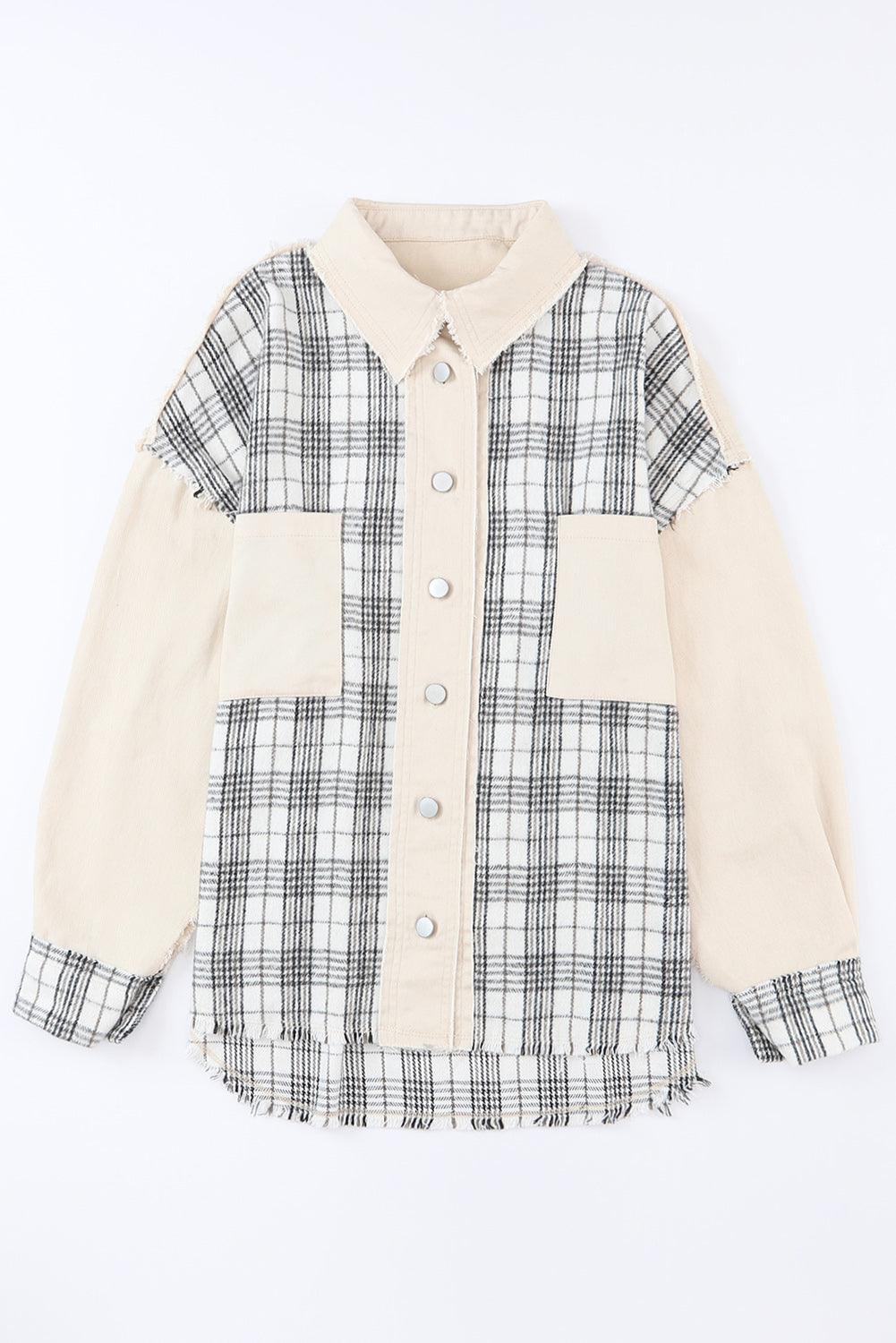 Khaki Distressed Raw Edge Plaid Patchwork Denim Jacket Beagle Boutique Fashion Outlet