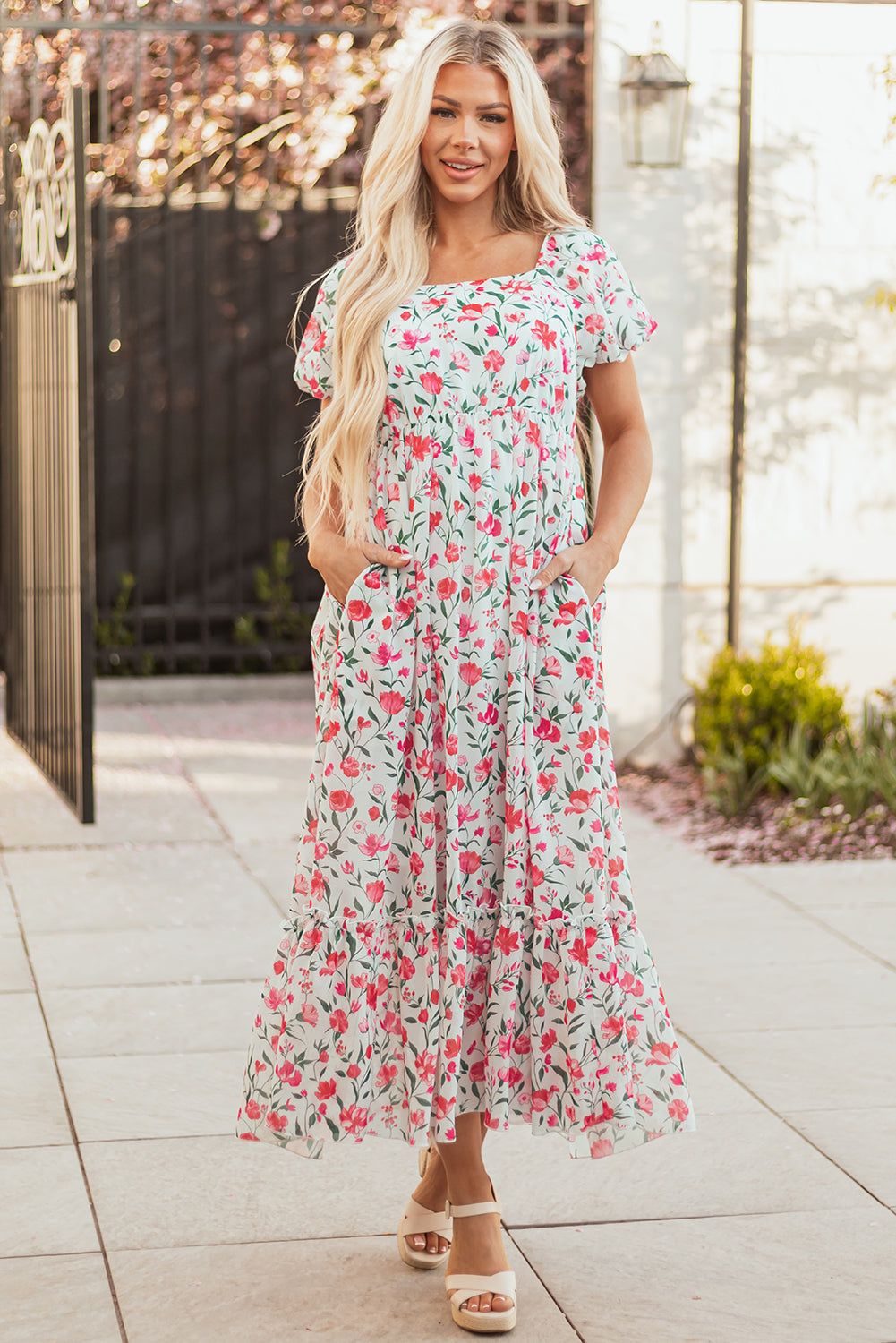 Pink Floral Puff Sleeve Square Neck Empire Waist Tiered Maxi Dress eAura