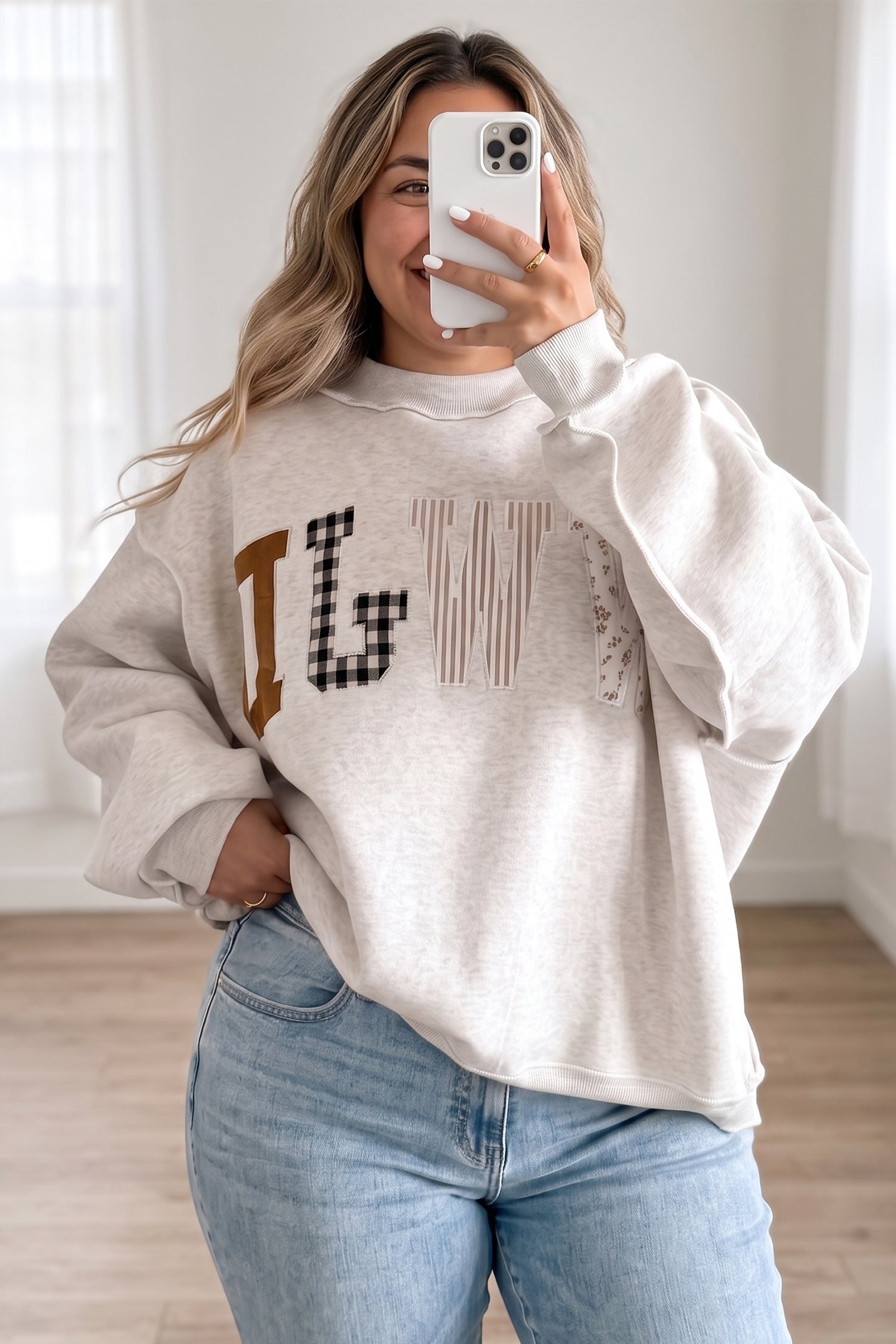WWJD Mix Pattern Letter Graphic Exposed Seam Loose Plus Size Sweatshirt – Gray