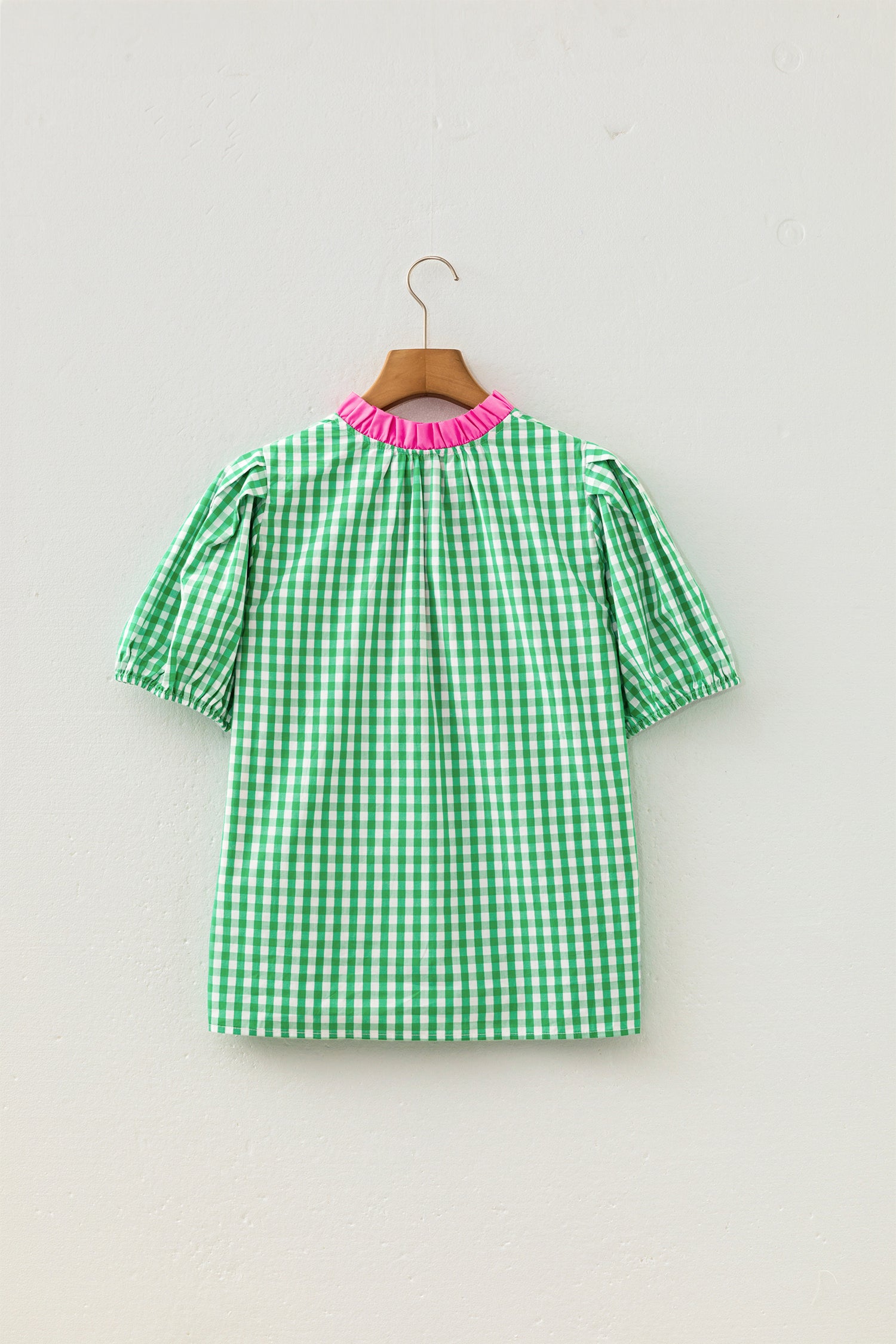 Gingham Plaid Bubble Sleeve Colorblock Trim V Neck Blouse – Green