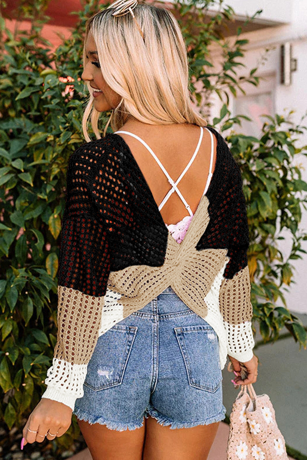 Black Colour Block Eyelet Long Sleeve Twisted Back Knit Top eAura