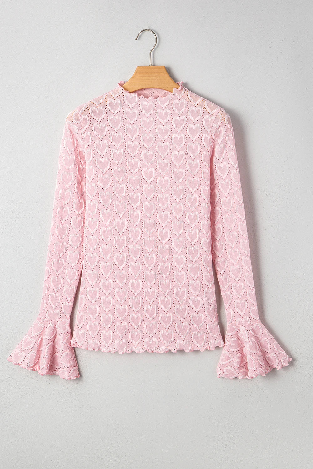 Gossamer Pink Heart Jacquard Flare Sleeve Mock Neck Fitted Top