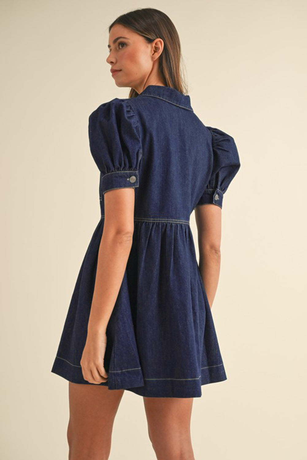 Dirty blue Zipped up Bodice Collared Short Puff Sleeve Denim Dress eAura