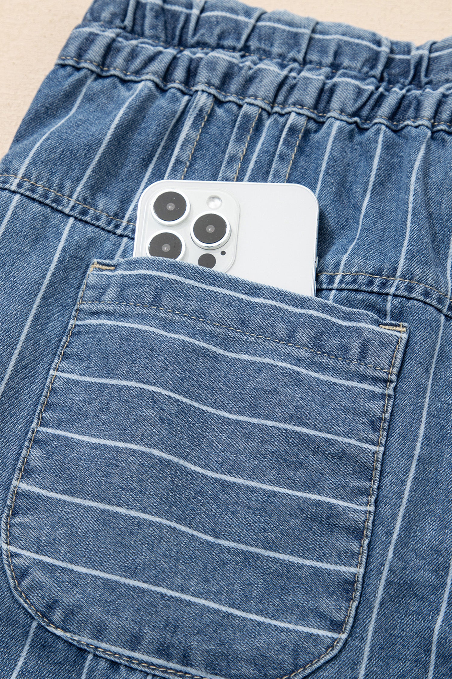 Button Pleated Drawstring Waist Casual Wide Leg Jeans – Sky Blue Stripe
