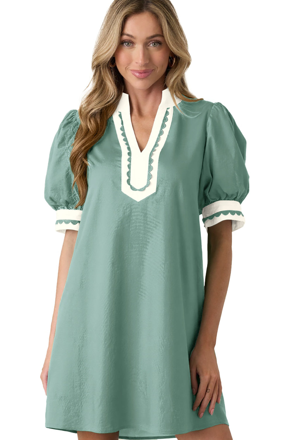 Scallop Color Block Trim Puff Sleeve Mini Dress – Canton