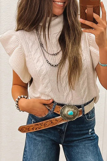 Cable Knit Turtleneck Ruffled Short Sleeve Sweater - Cream / S - Sweaters & Cardigans/Short