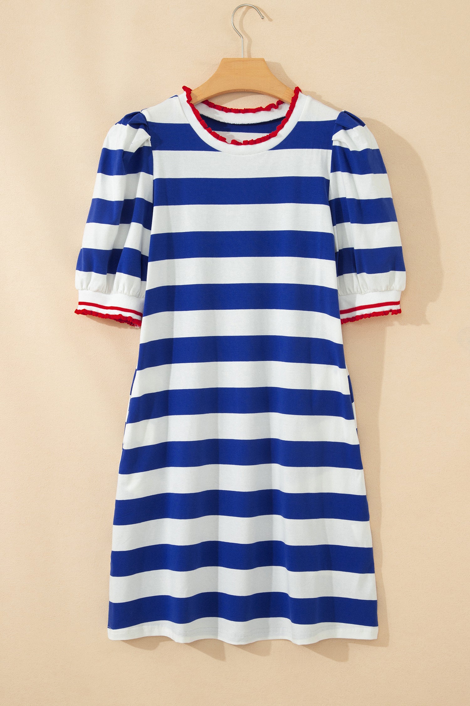 Stripe Contrast Trim Round Neck Short Puff Sleeve Shift Mini Dress