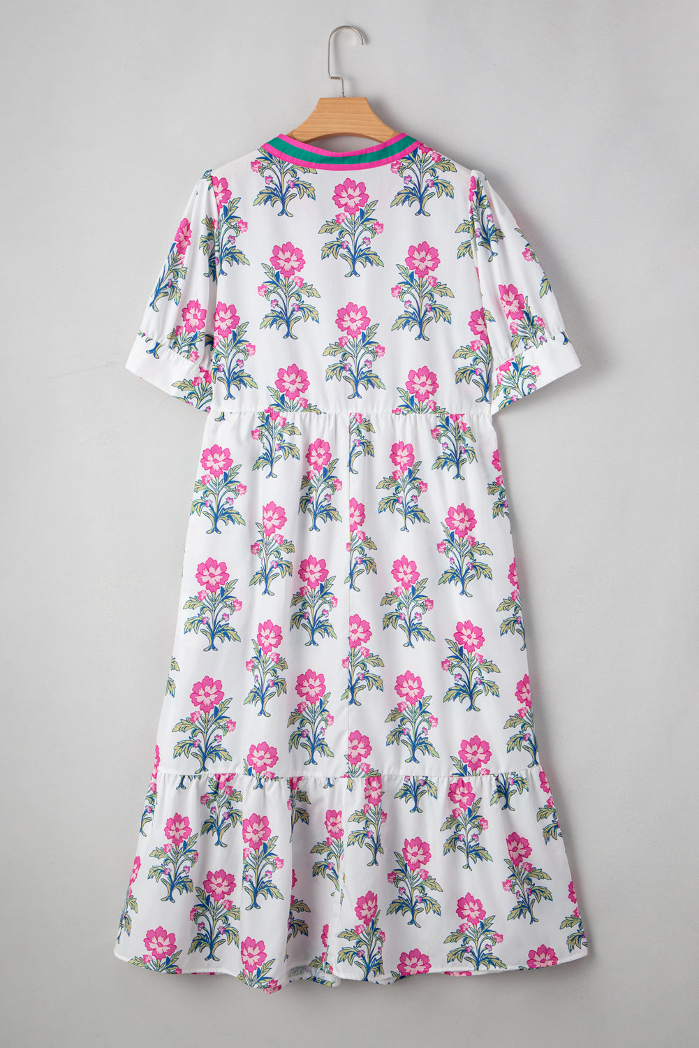 Print Contrast Split Neckline Short Puff Sleeve Curvy Dress BB Fashion Outlet