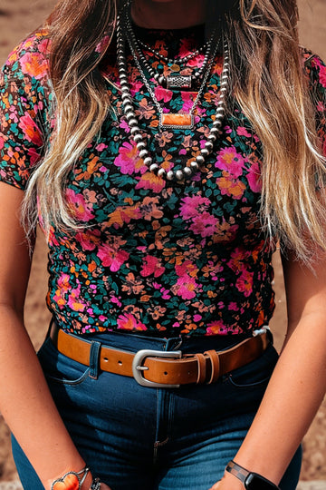 Plus Size Floral Print Sheer Mesh Short Sleeve Top – Rose