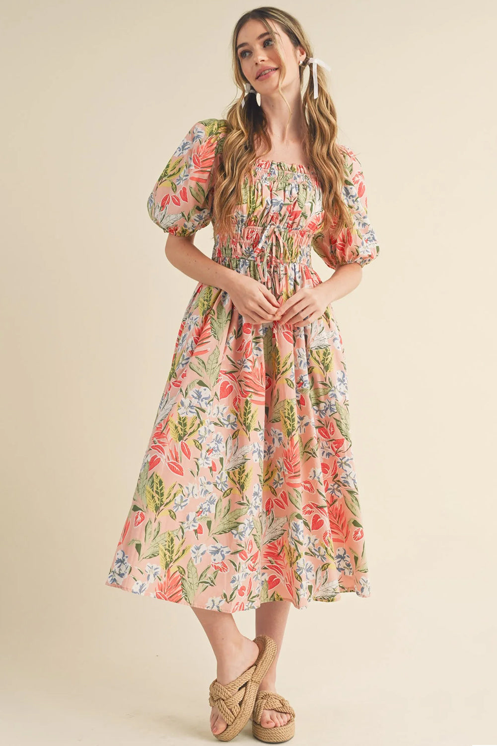 Apricot Pink Floral Smocked Bust Bubble Short Sleeve Maxi Dress eAura