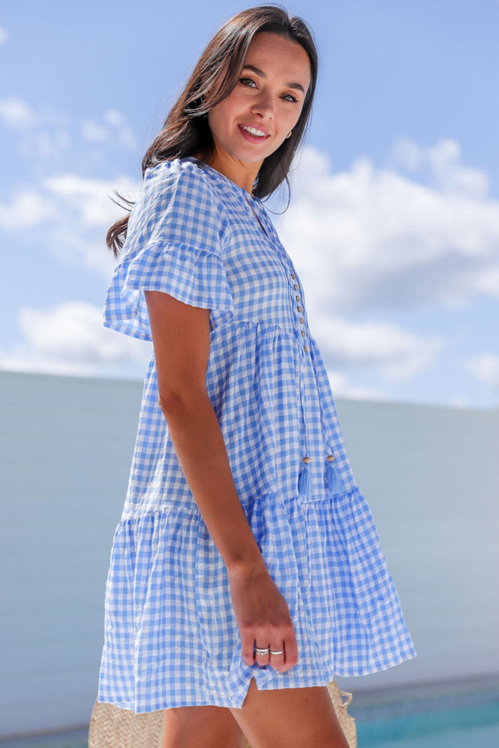 Sky Blue Gingham Short Sleeve Button Tie Split Neck Loose Mini Dress eAura