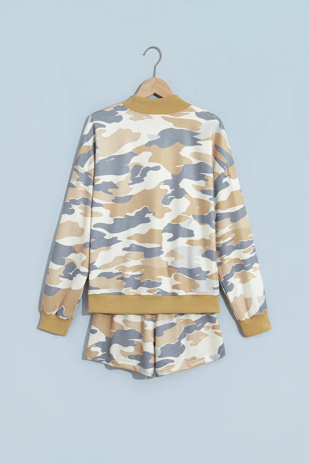 Camouflage Print Long Sleeve Top Drawstring Shorts Set