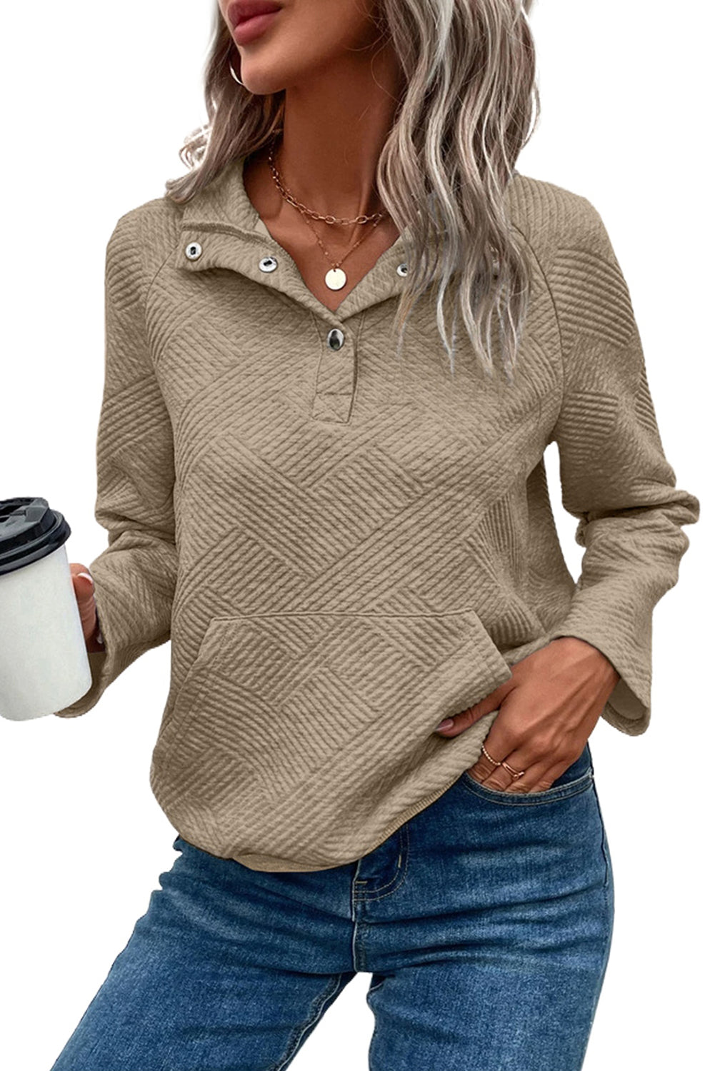 Laurel Green Textured Knit Buttoned Kangaroo Pocket Sweatshirt eAura