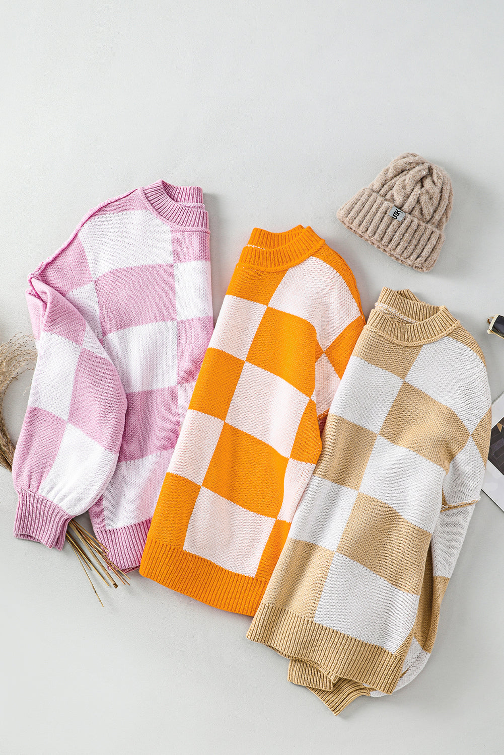 Orange Checkered Bishop Sleeve Sweater eAura
