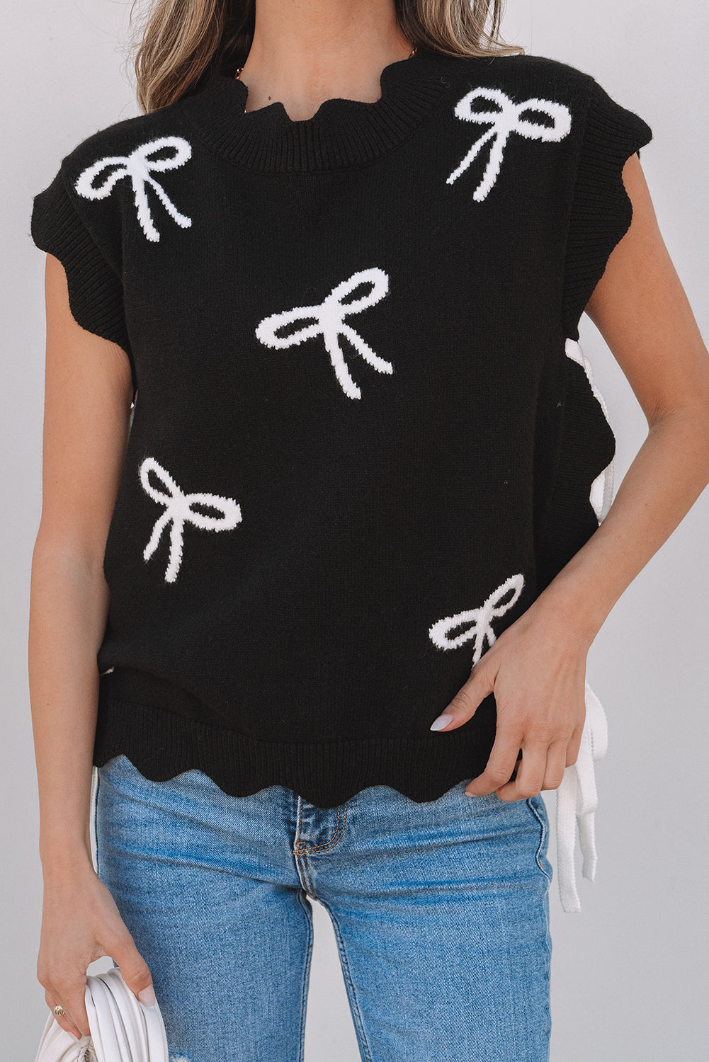 Black Bow Print Side Ties Scalloped Hem Sweater eAura
