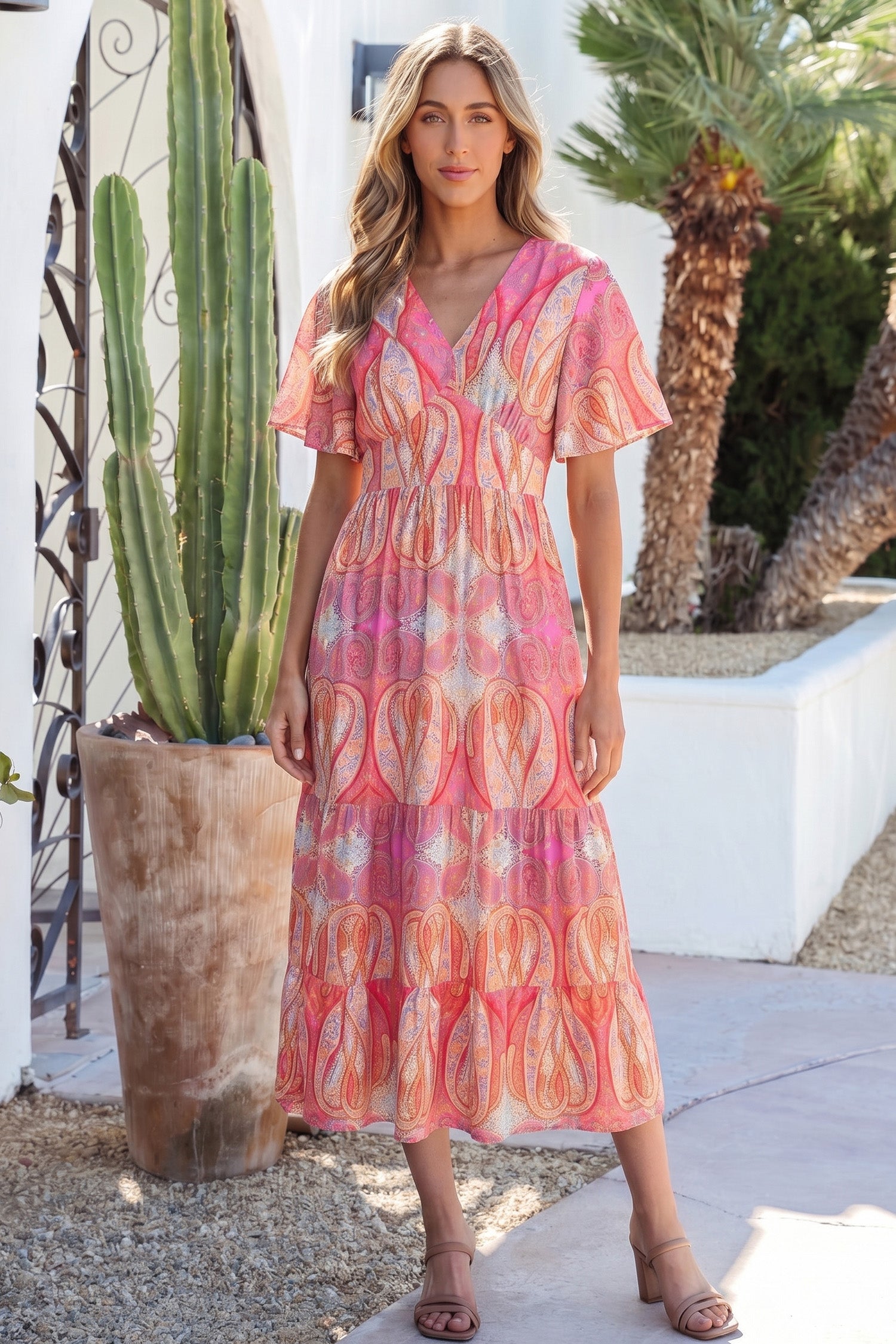 Paisley Print V-Neck Short Sleeve Boho Maxi Dress with Ruffle Details – Multicolour