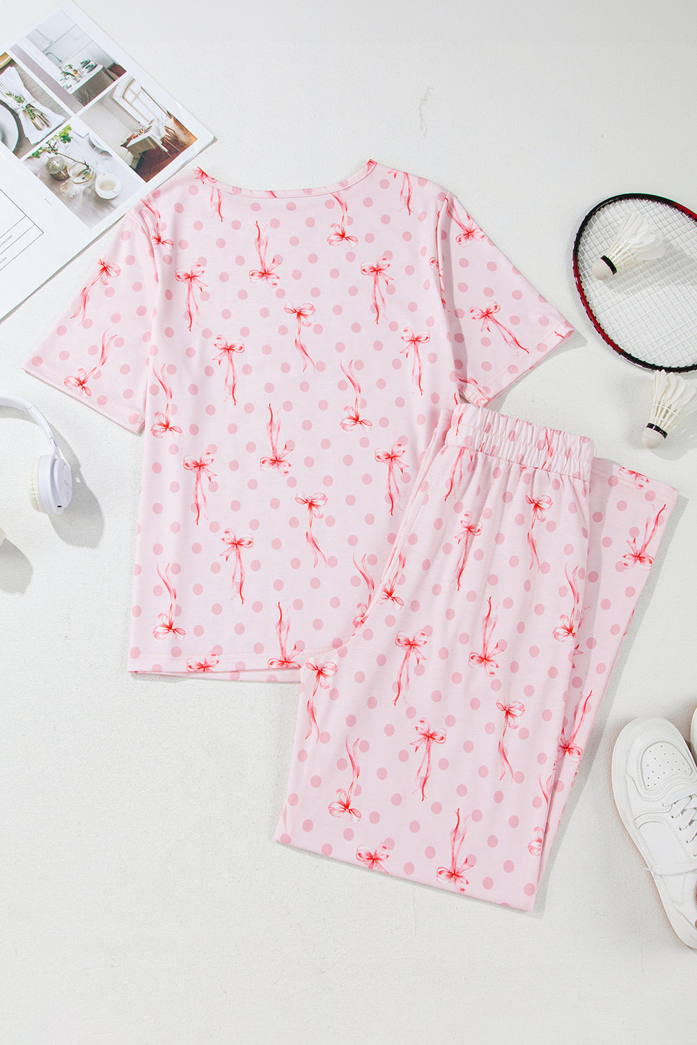 Pink Bow Knot Polka Dot Print Short Sleeve Top Lounge Set eAura
