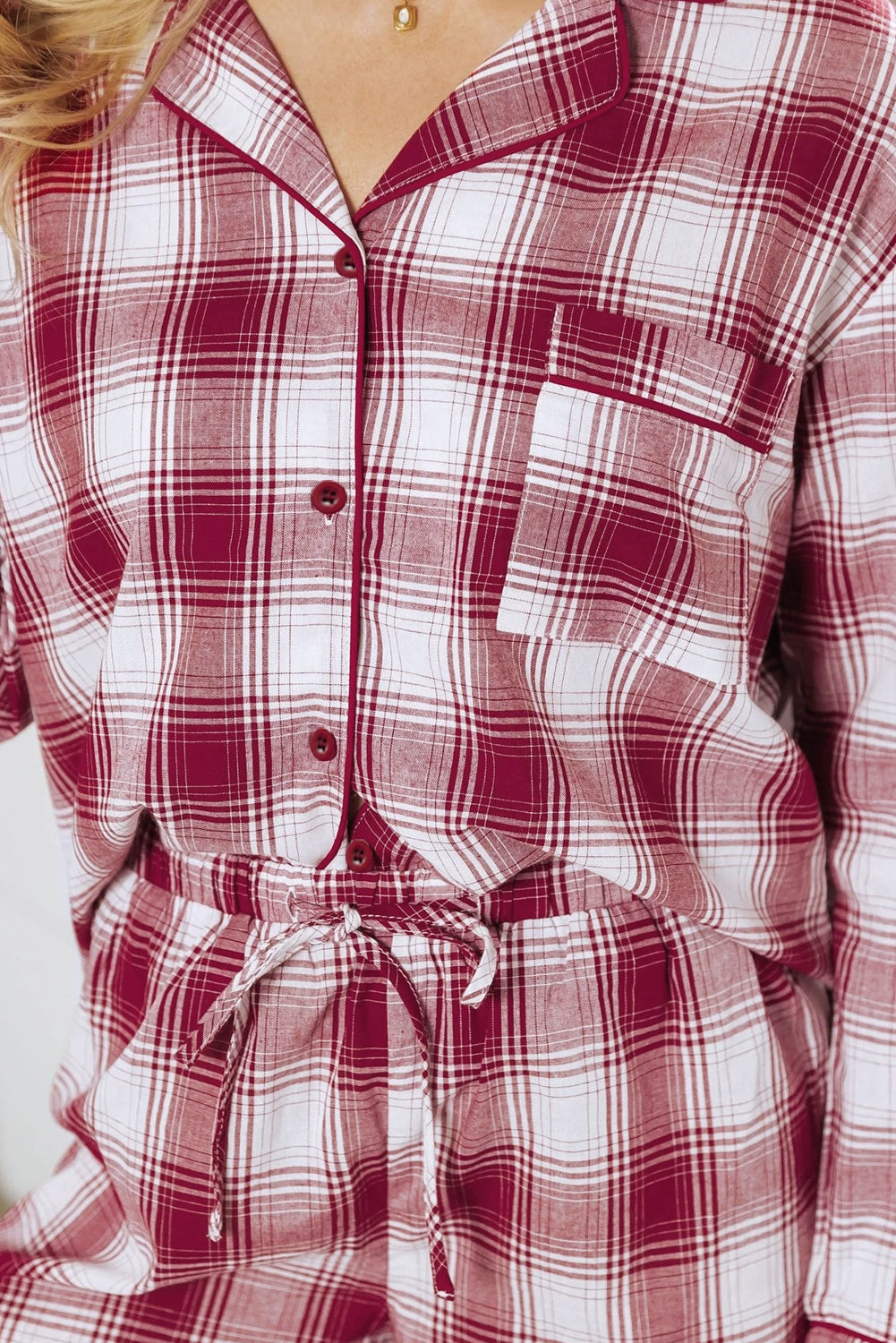 Red Retro Plaid Long Sleeve Shirt Drawstring Shorts Pyjama Set - eAura