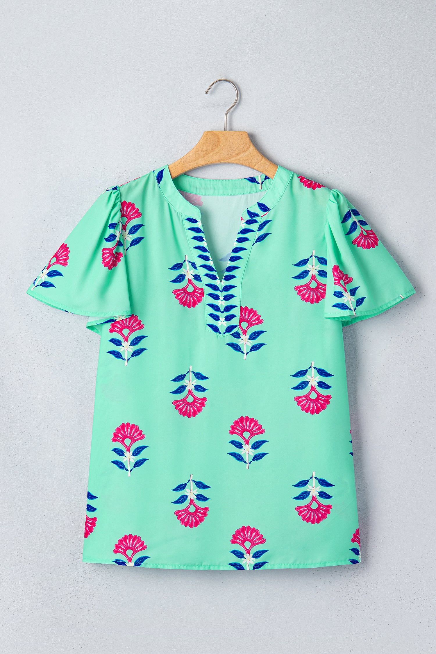 Floral V Neck Flutter Sleeve Blouse – Green