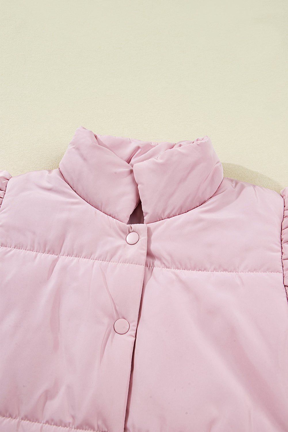 Pink Stand Neck Flutter Cap Sleeve Snap Button Puffer Vest - eAura