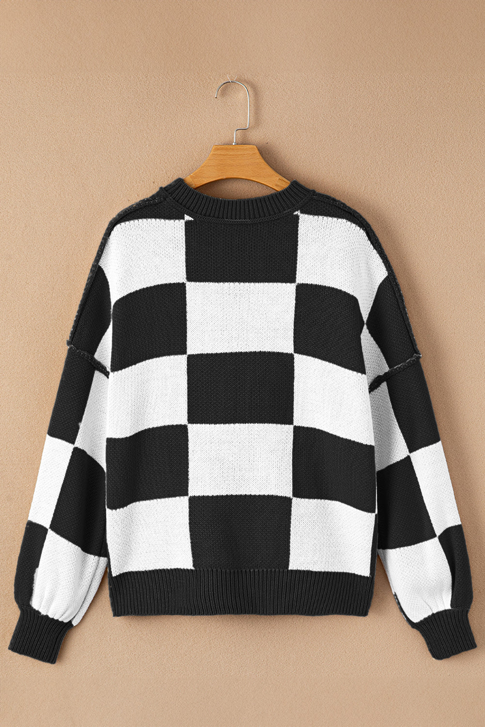 Checkered Bishop Sleeve Sweater – Rose, Pink, Green, Brown, Red & Black