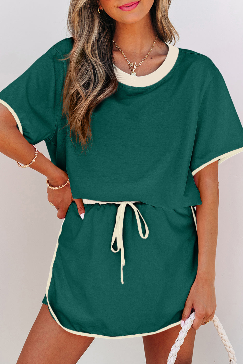 Evergreen Colourblock Edge Drop Shoulder T Shirt and Skirt 2Pcs Set Co-ord eAura