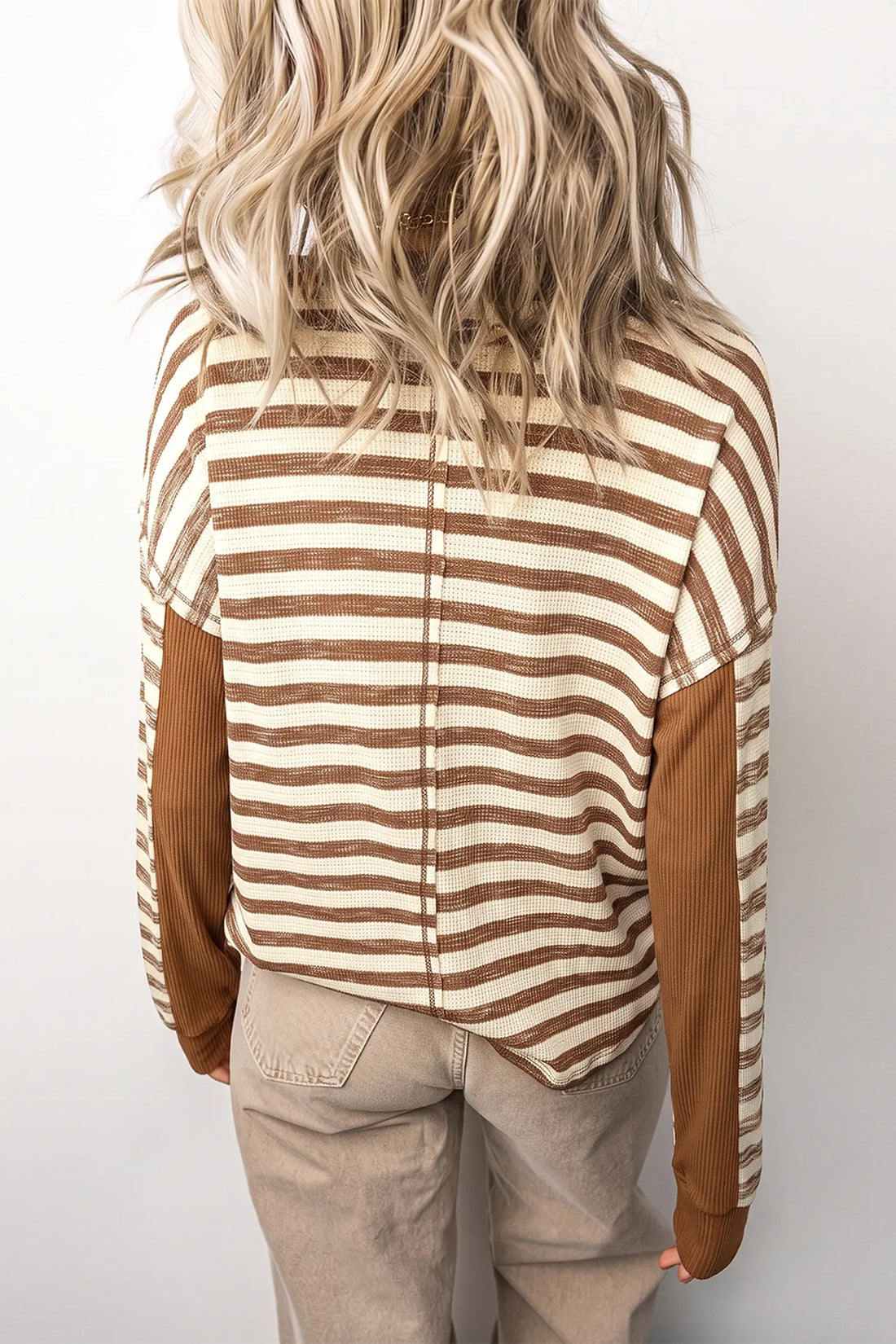 Textured Knit Colour Block Trim Long Sleeve Round Neck Top