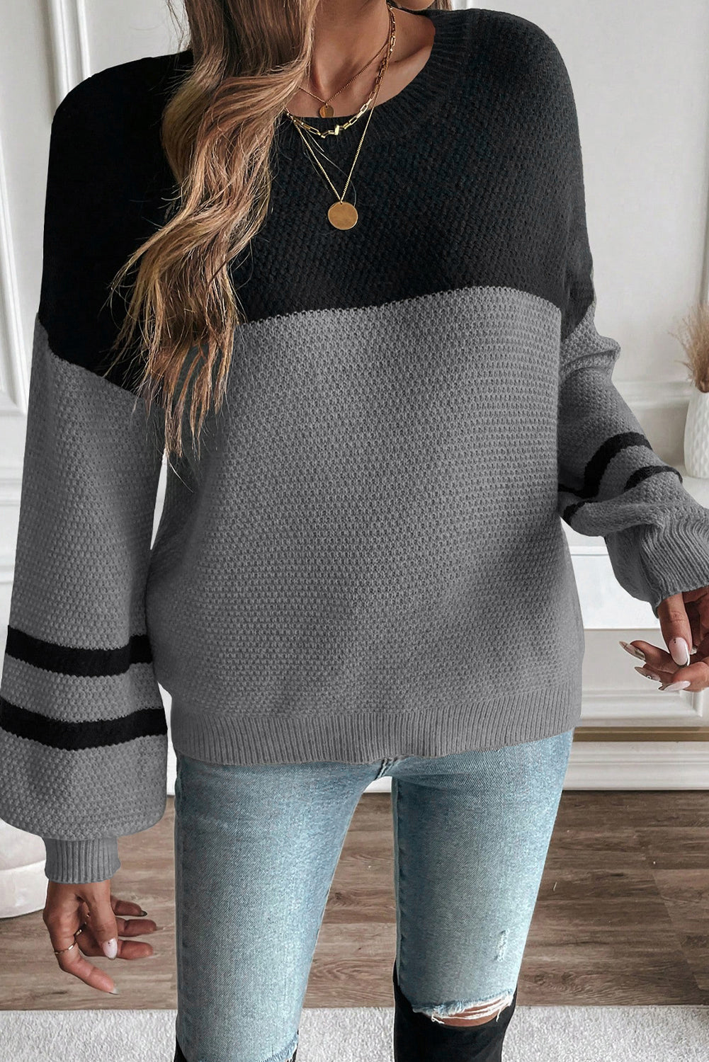 Colour Block Knit Striped Sleeve Detail Casual Sweater - eAura