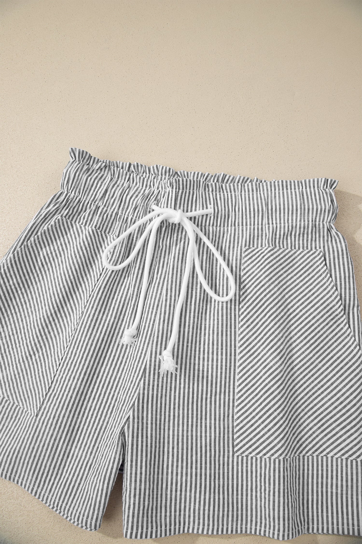Grey Stripe Lace-Up Shorts with Pockets