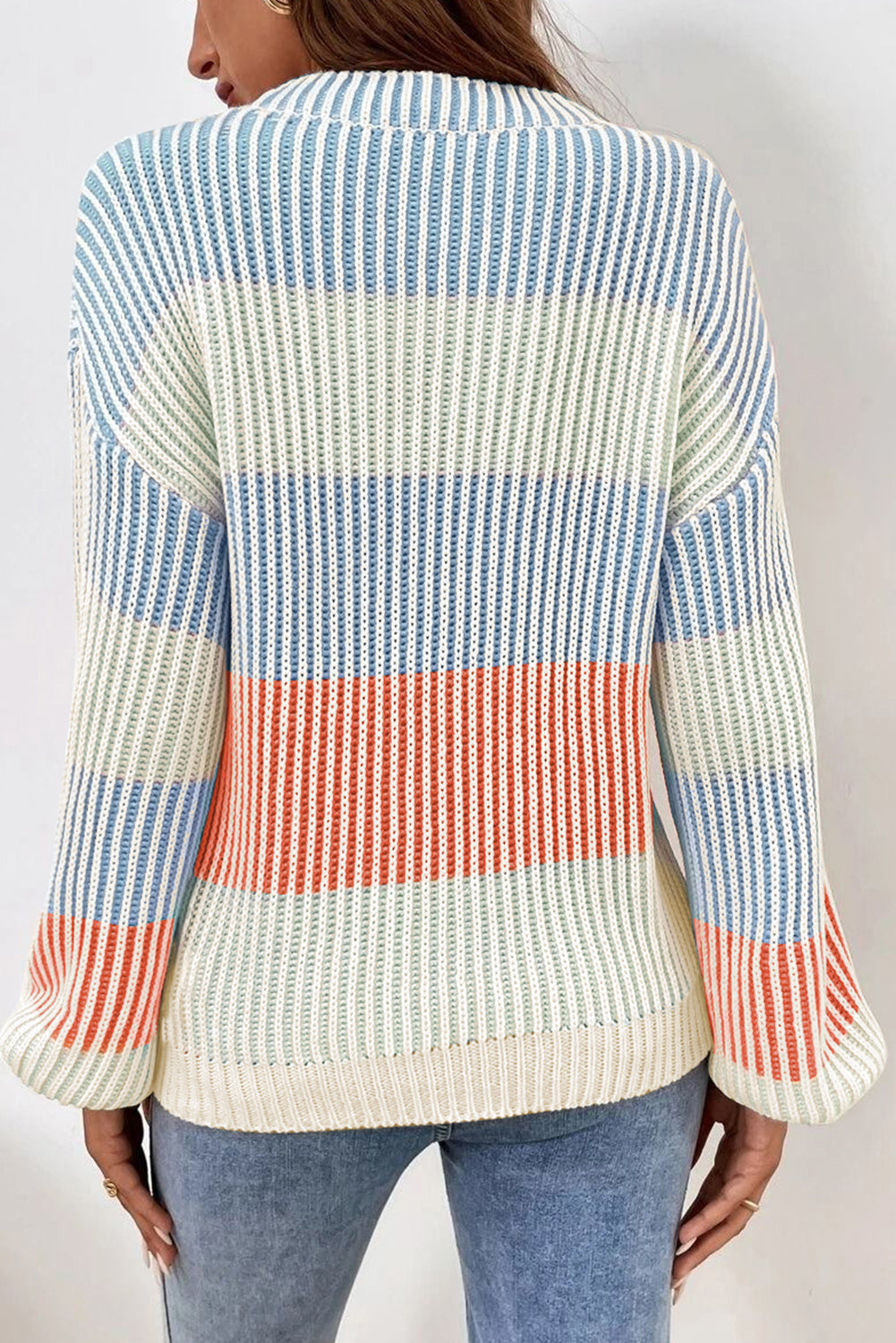 Multicolour Colourblock Textured Knit Bubble Sleeve Sweater eAura