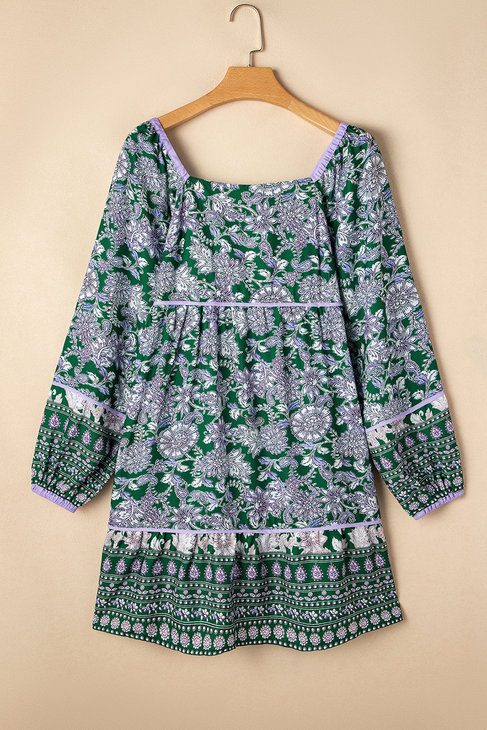 Green Floral Print Piping Trim Bubble Sleeve Square Neck Dress BB Fashion Outlet