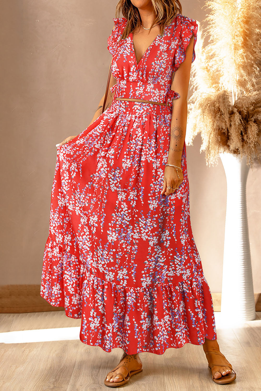 MultiColour Floral Ruffled Crop Top and Maxi Skirt Set eAura