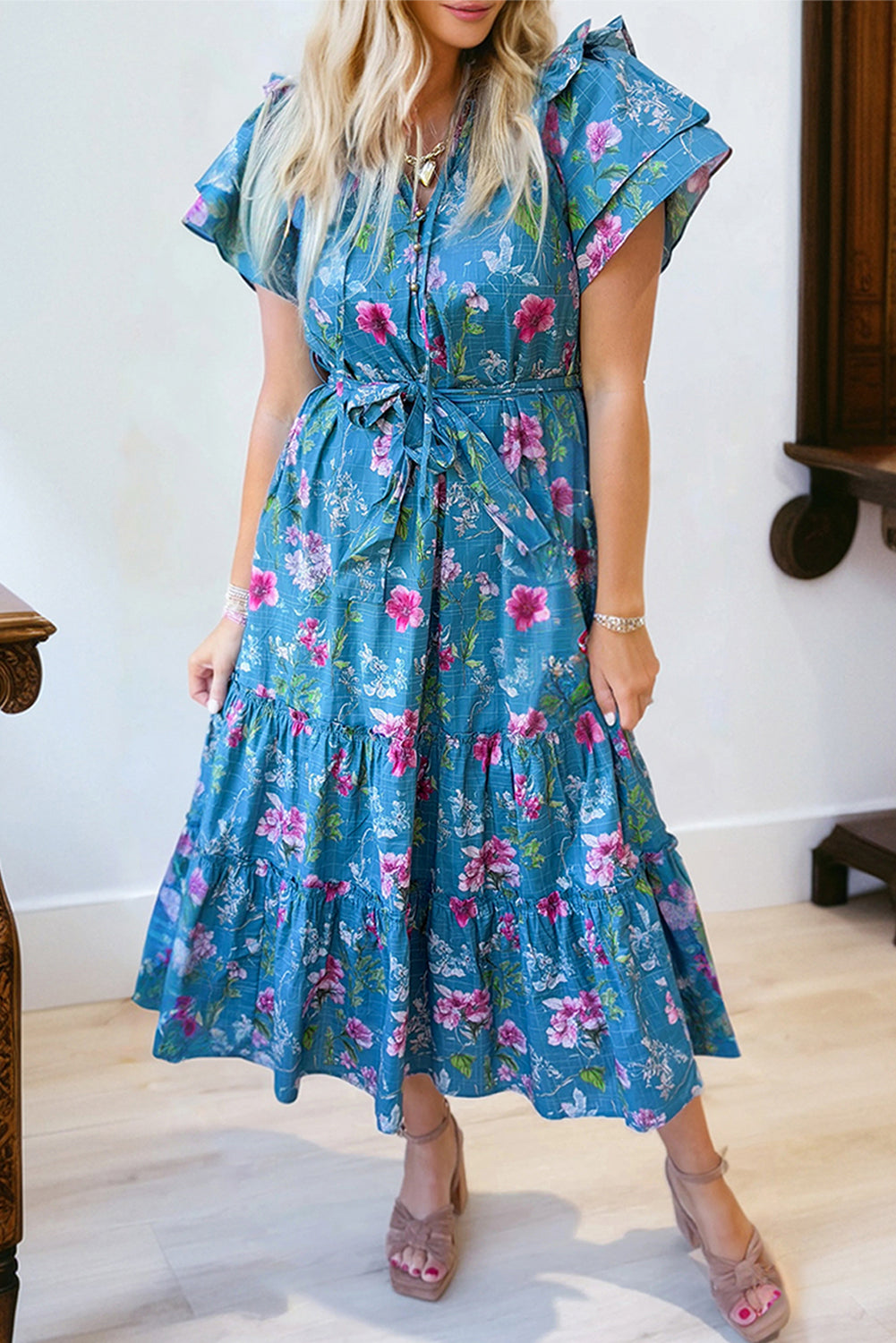 Floral Flutter Sleeve Button Tie Split Neck Belted Maxi Dress - Blue / S - Dresses/Maxi Dresses