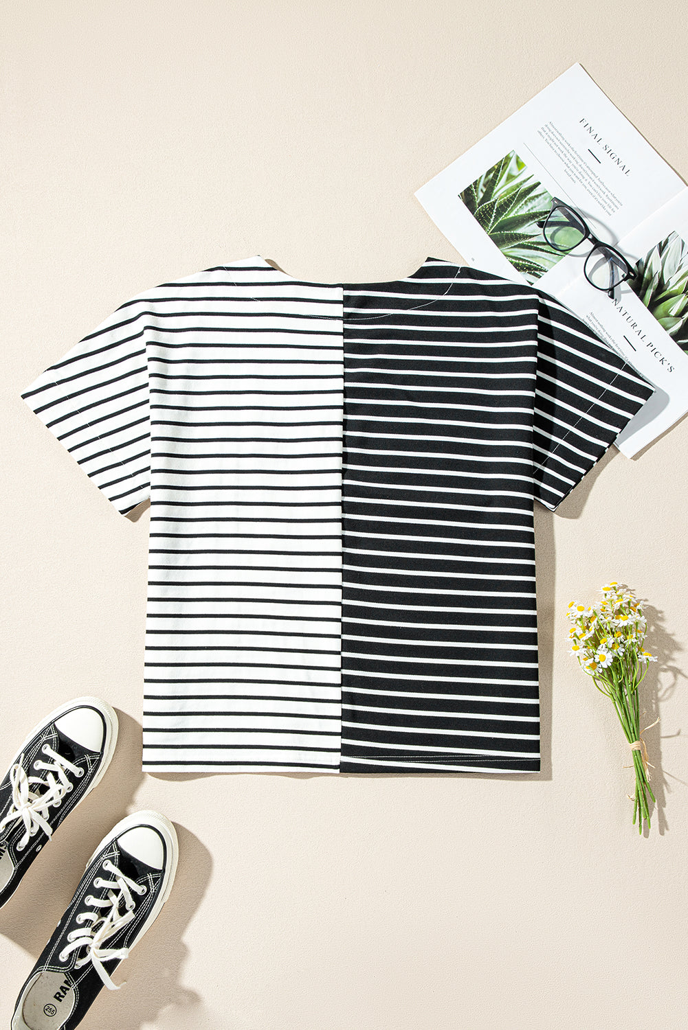 Black Stripe Two Tone Colorblock V Neck T Shirt BB Fashion Outlet