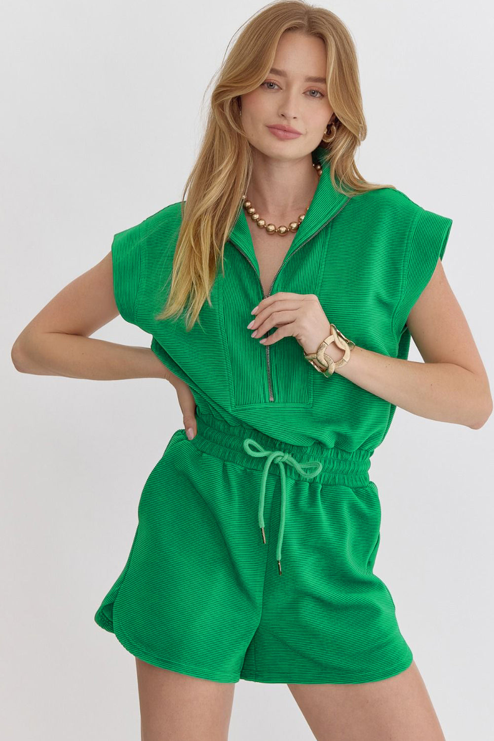 Bright Green Textured Short Sleeve Half Zip Drawstring Waist Romper eAura