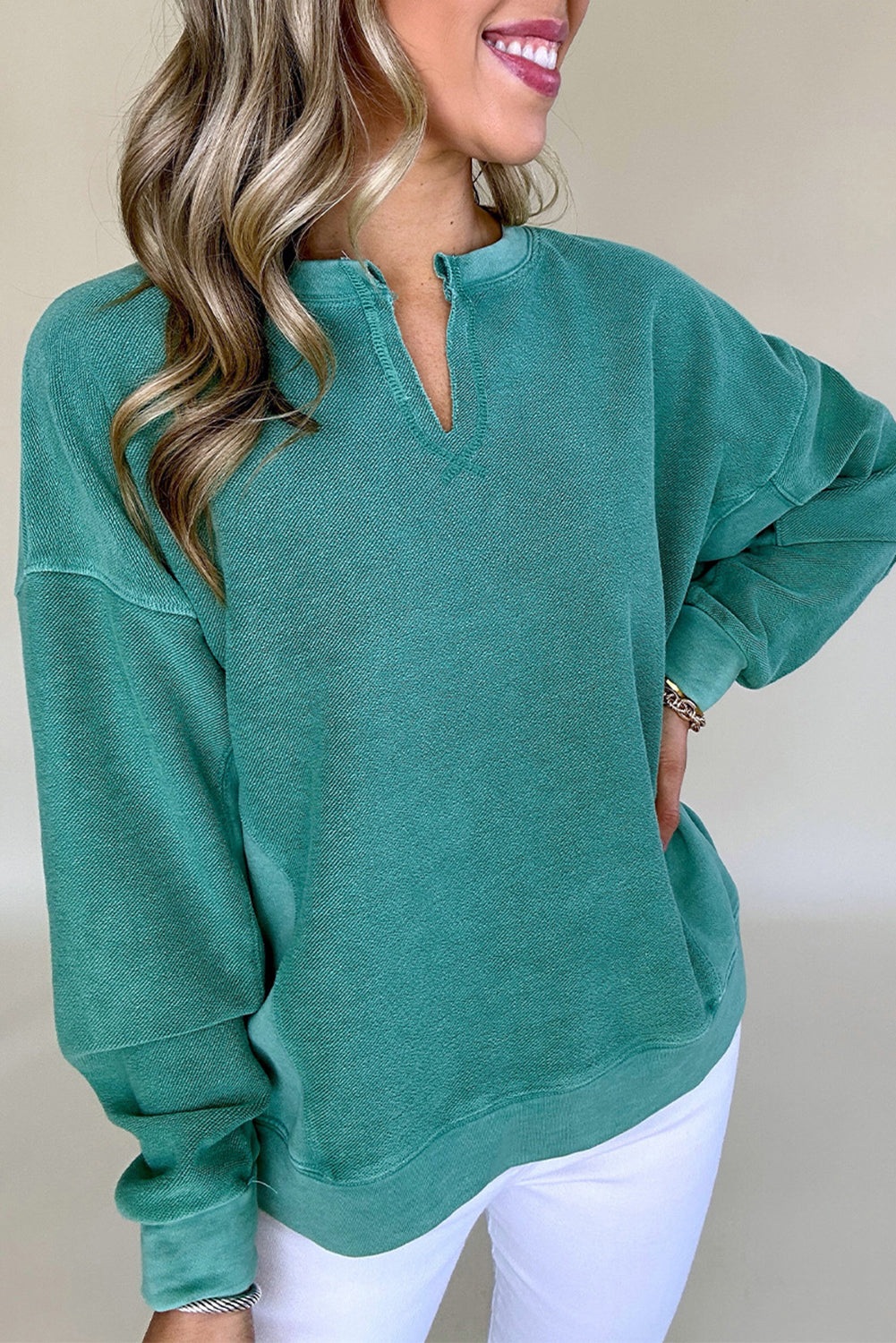 Skobeloff Solid Colour Notched Neck Drop Shoulder Sweatshirt eAura
