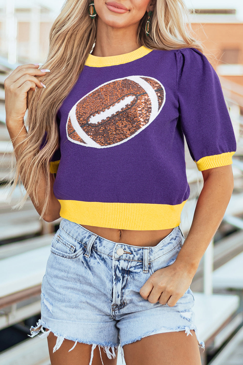 Red Sequin Rugby Colour Block Puff Short Sleeve Sweater eAura